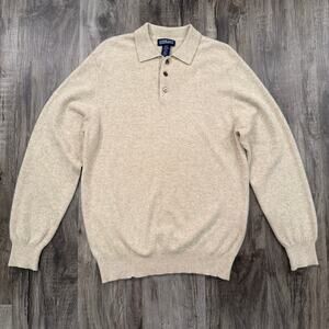 Lands’ End 100% Cashmere Polo Sweater Mens M Oatmeal Lightweight